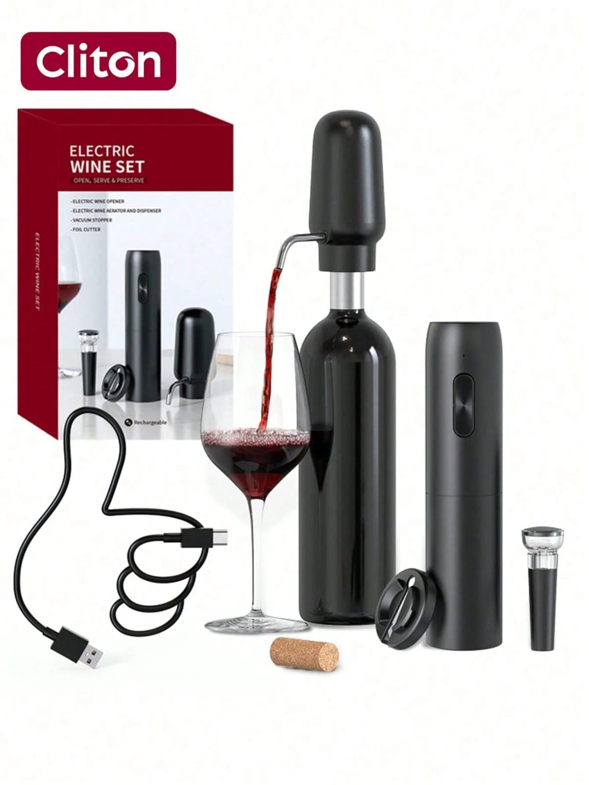 Conjunto de Abridor de Vinho Elétrico e Aerador de Vinho