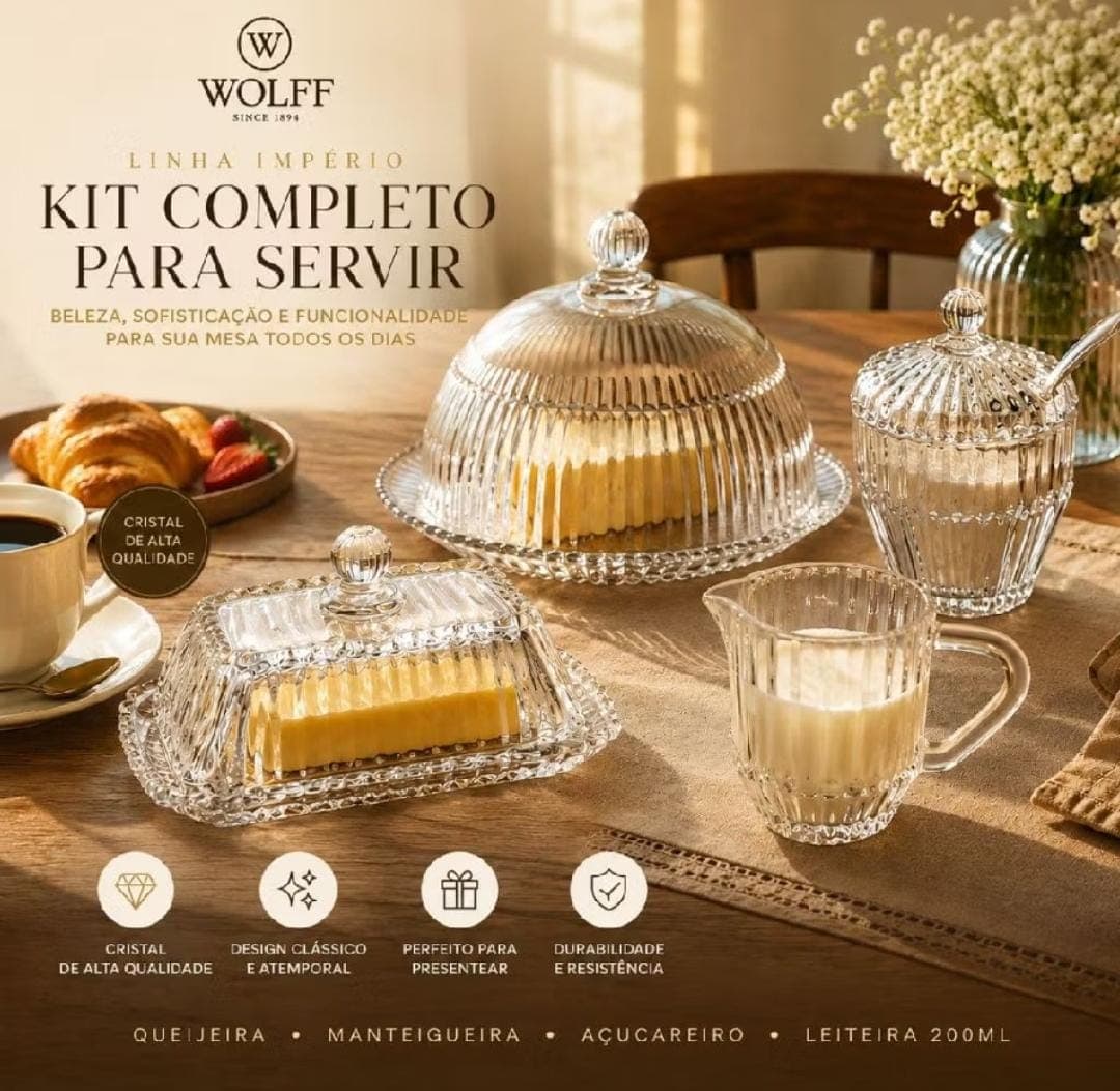 Kit Cristal Wolff Queijeira Manteigueira Açucareiro Leiteira