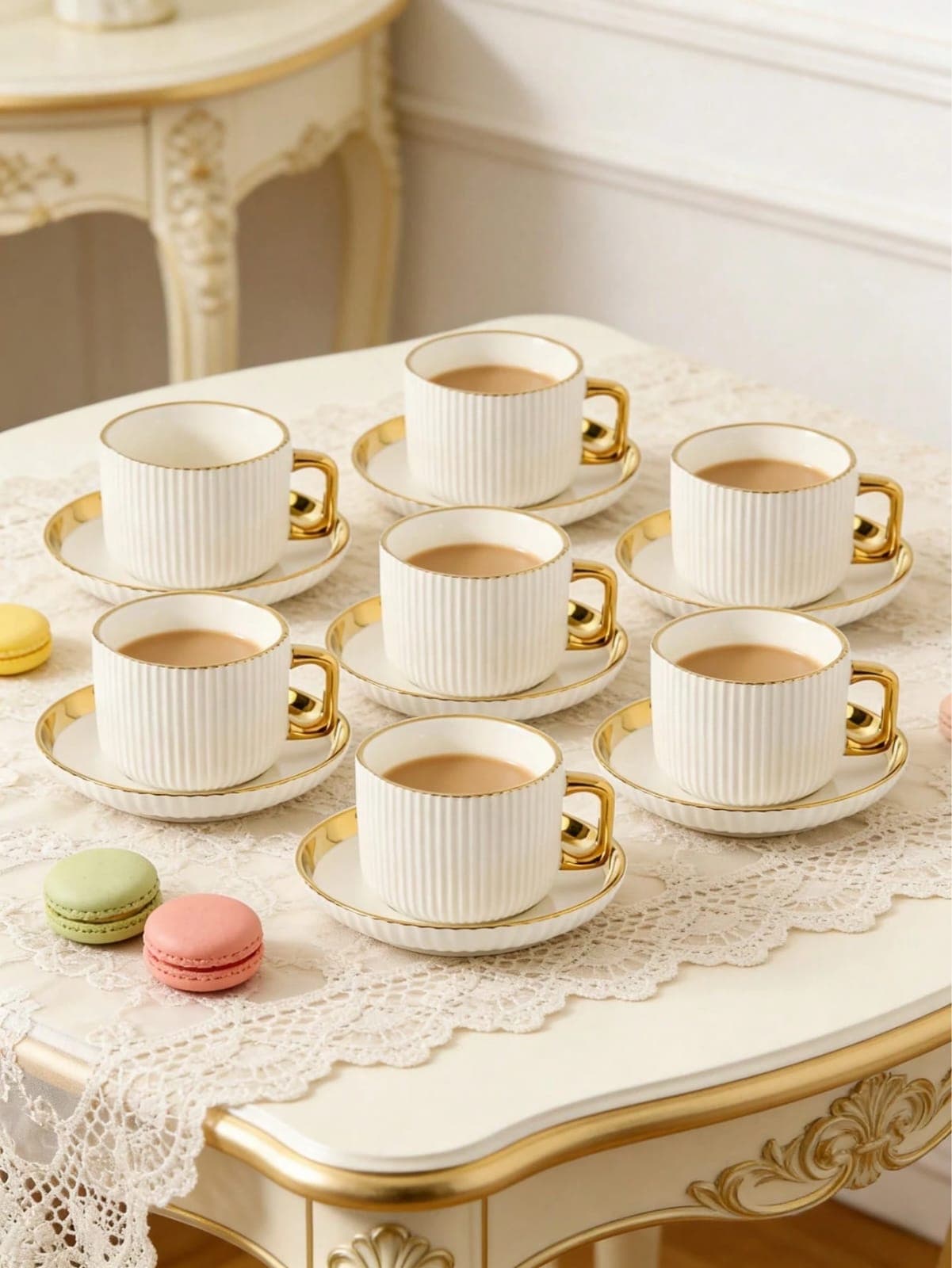 Conjunto 6  Xícara de Café e Pires Cerâmicos com Listras Douradas