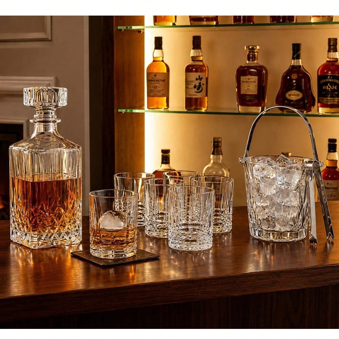 Kit Whisky:Licoreira + 6 Copos Whisky + Balde com Gelo e Pinça