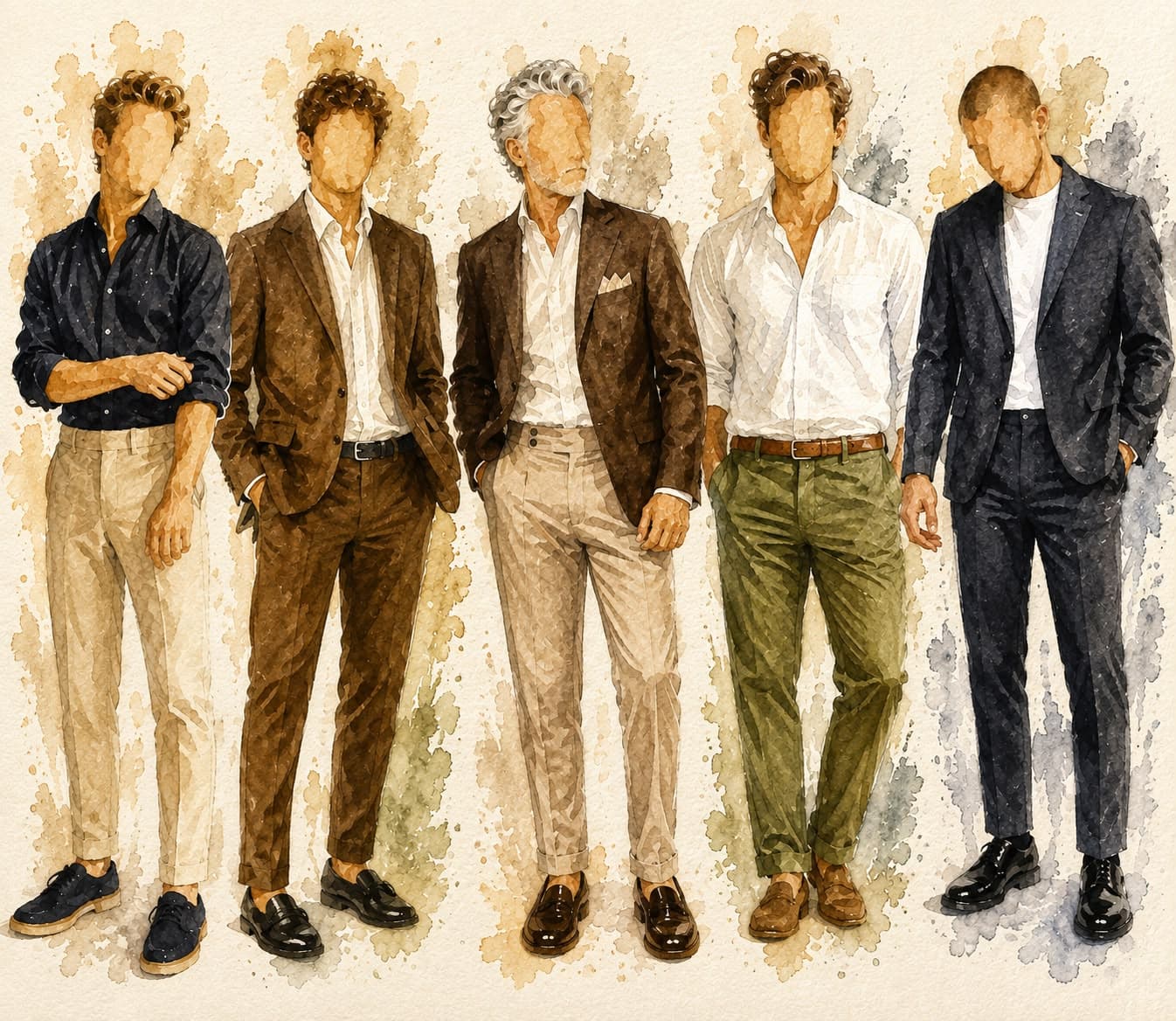 Exemplos de trajes esporte fino masculinos, em aquarela