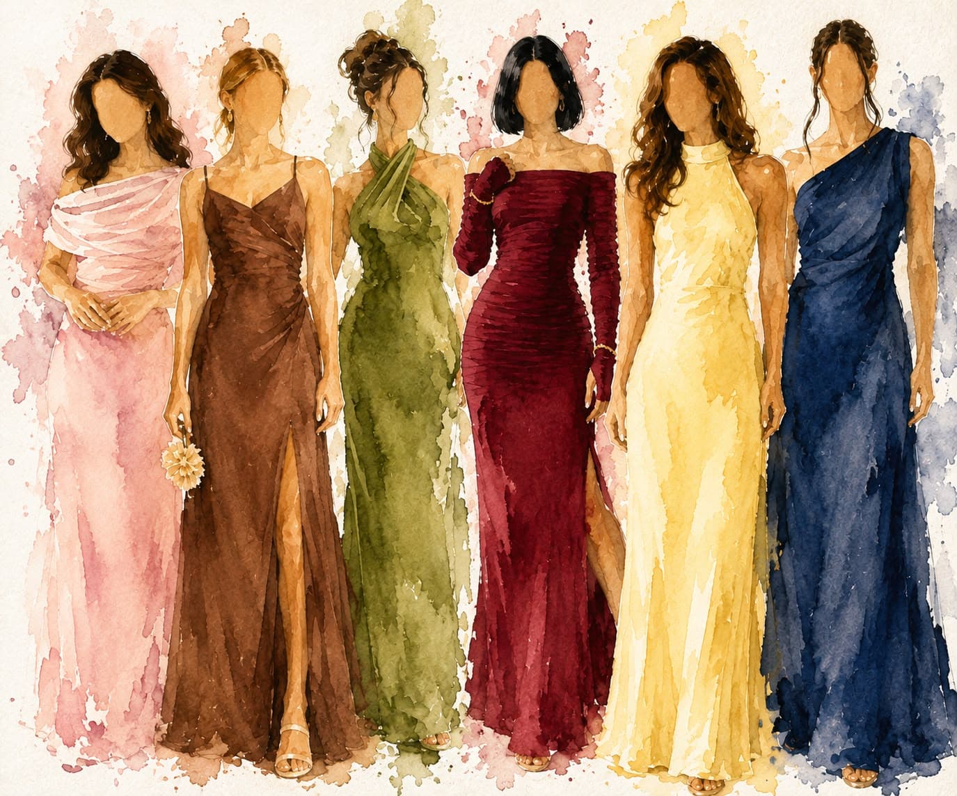 Exemplos de trajes esporte fino femininos, em aquarela